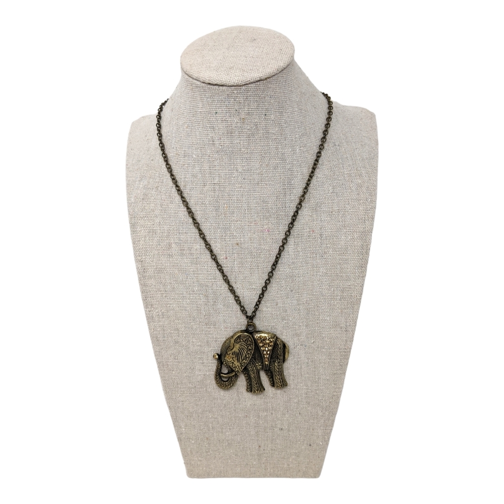 Elephant Pendant Necklace Long Brass Tone Rhinestones